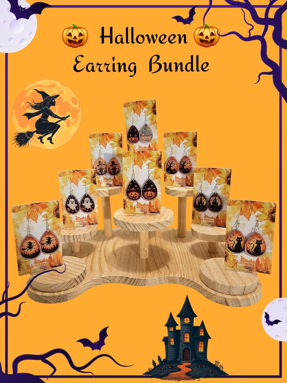 Halloween Earring Bundle (8 Pairs) Witches, Cats, Ghosts, Haunted House